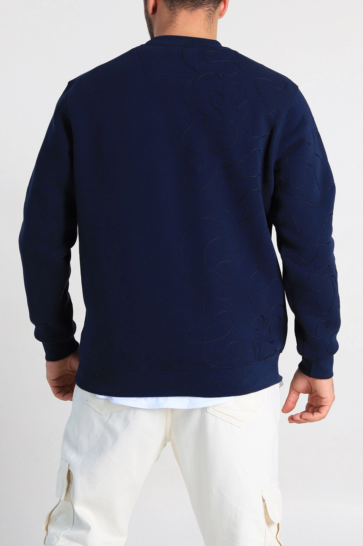 Lacivert Relaxed Fit Üç İp Şardonlu Kol Detaylı Erkek Sweatshirt 309954