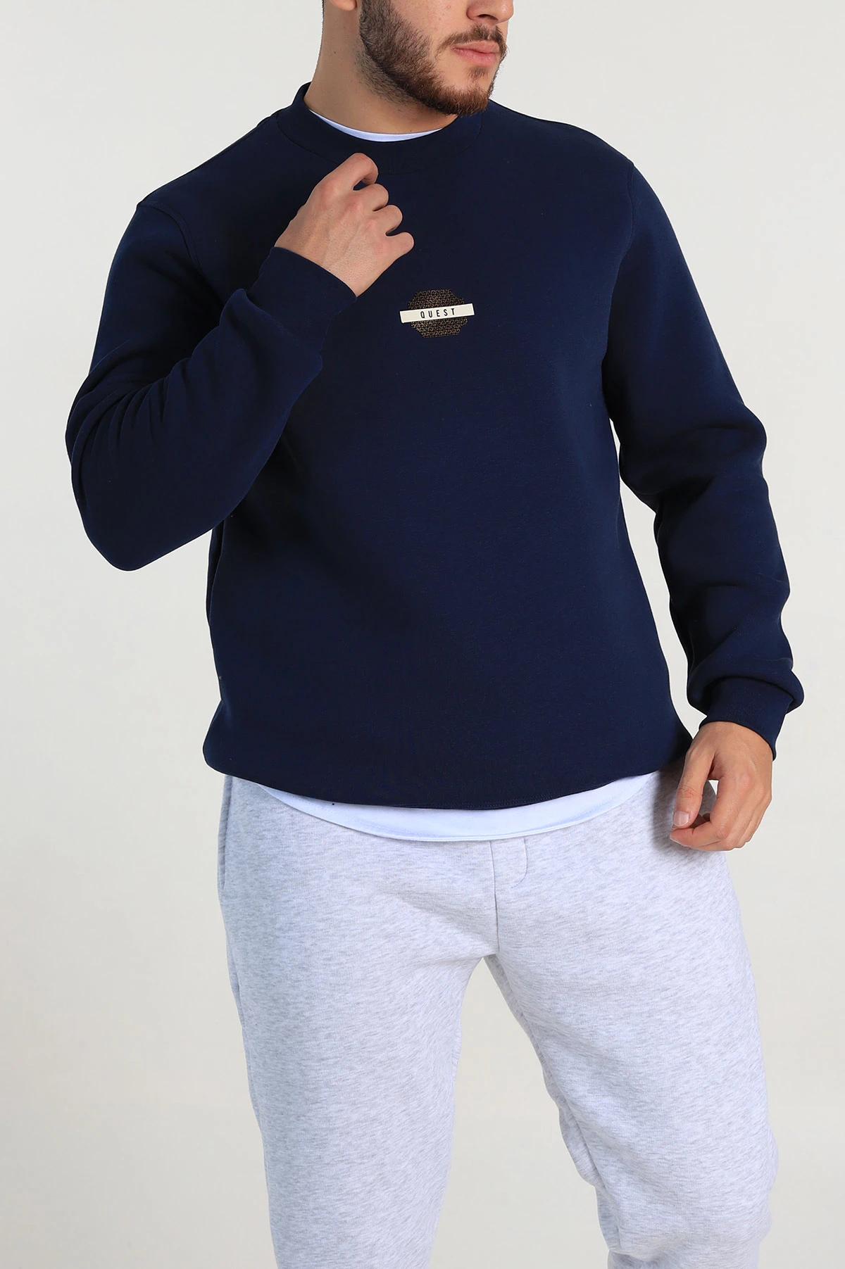 Lacivert Relaxed Fit Üç İp Şardonlu Logo Detaylı Erkek Sweatshirt 309856