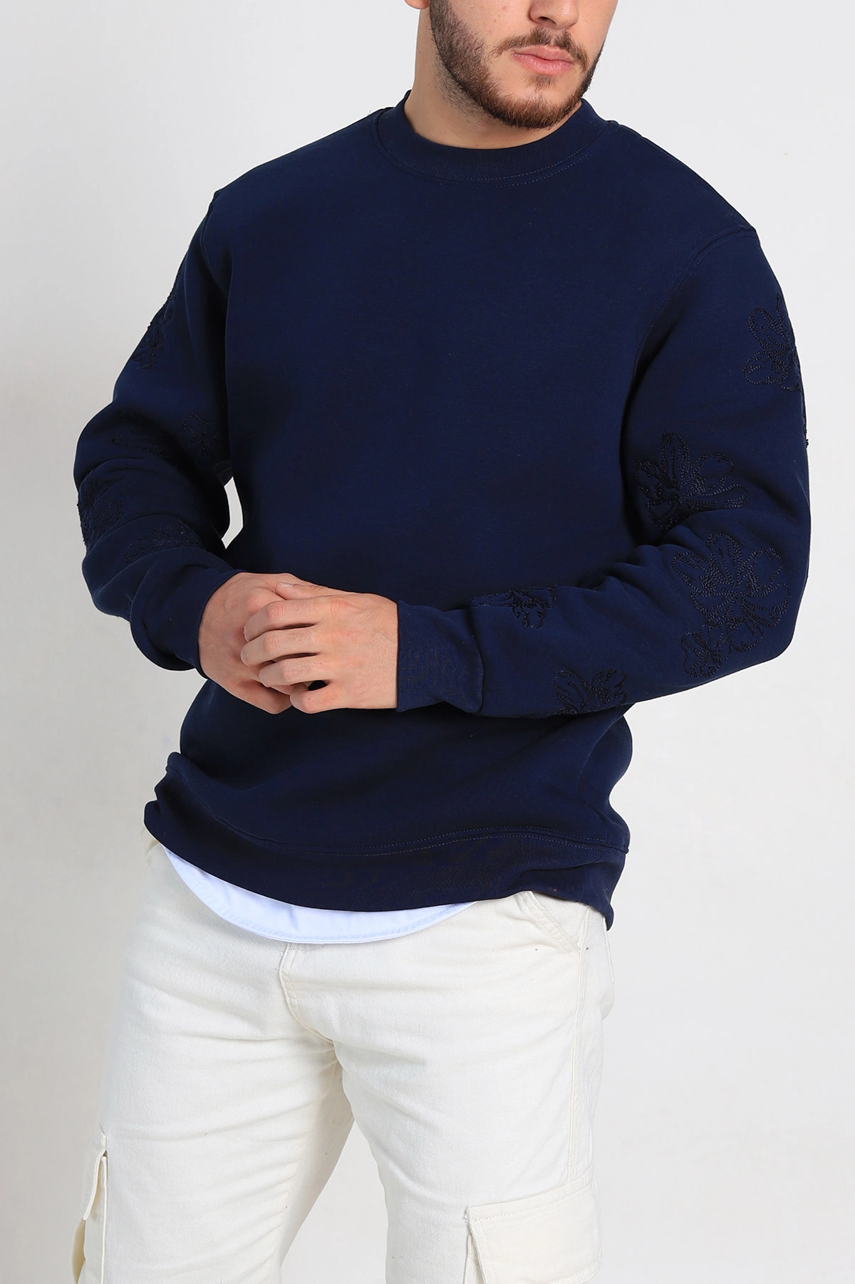 Lacivert Relaxed Fit Üç İp Şardonlu Nakış Detaylı Erkek Sweatshirt 311184