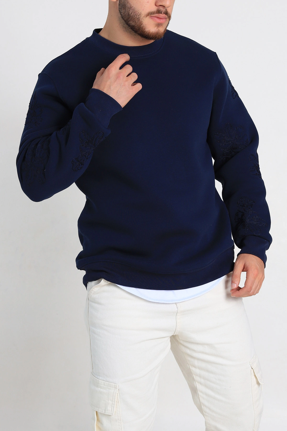 Lacivert Relaxed Fit Üç İp Şardonlu Nakış Detaylı Erkek Sweatshirt 311184