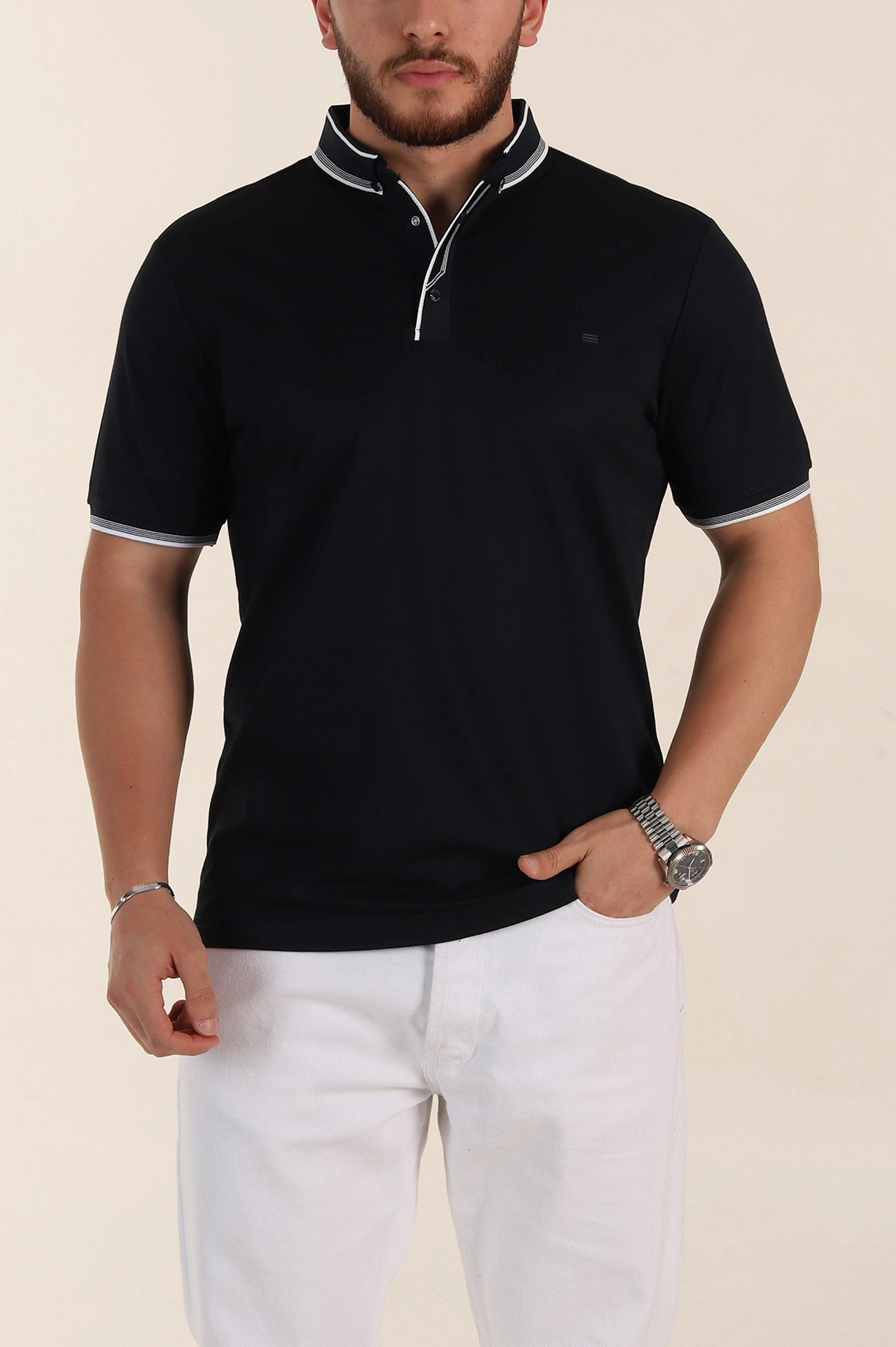 Lacivert Relaxed Fit Yaka Detaylı Polo Yaka Erkek Tişört 359118