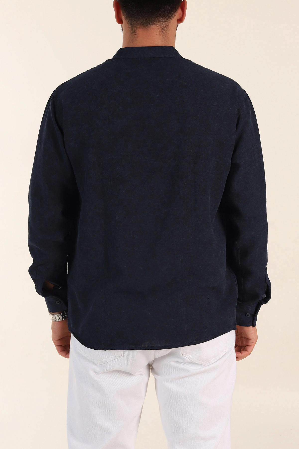 Lacivert Relaxed Fit Yarım Düğmeli Hakim Yaka Uzun Kollu Erkek Gömlek 369364