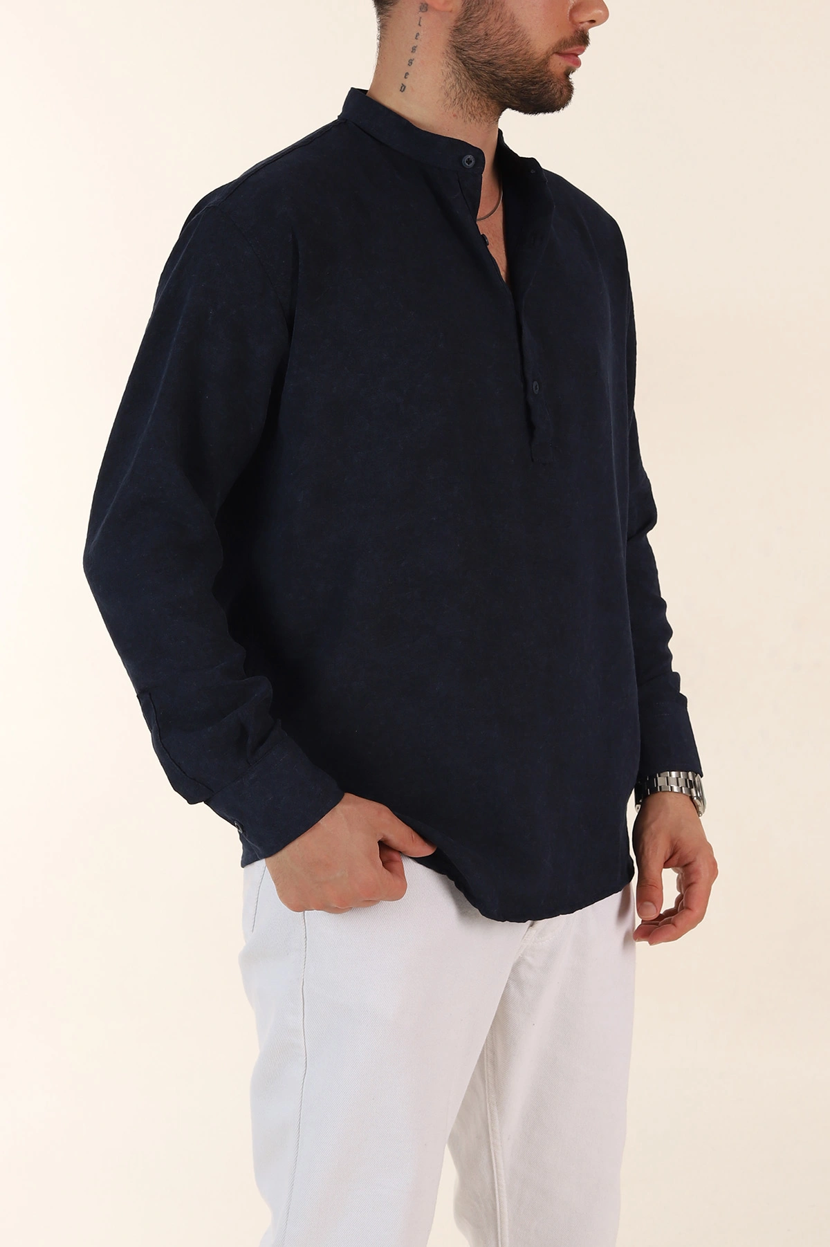 Lacivert Relaxed Fit Yarım Düğmeli Hakim Yaka Uzun Kollu Erkek Gömlek 369364