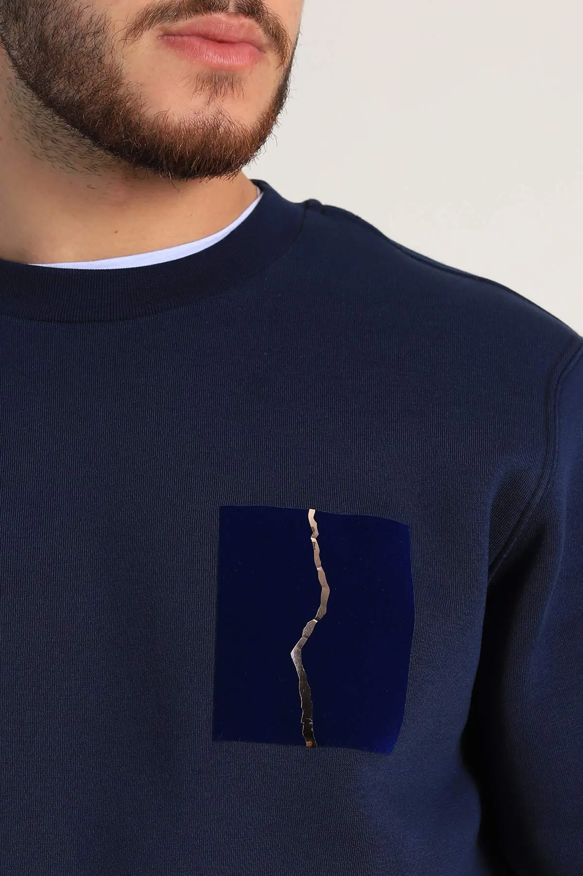 Lacivert Relaxed Üç İp Şardonlu Baskı Detaylı Erkek Sweatshirt 311191