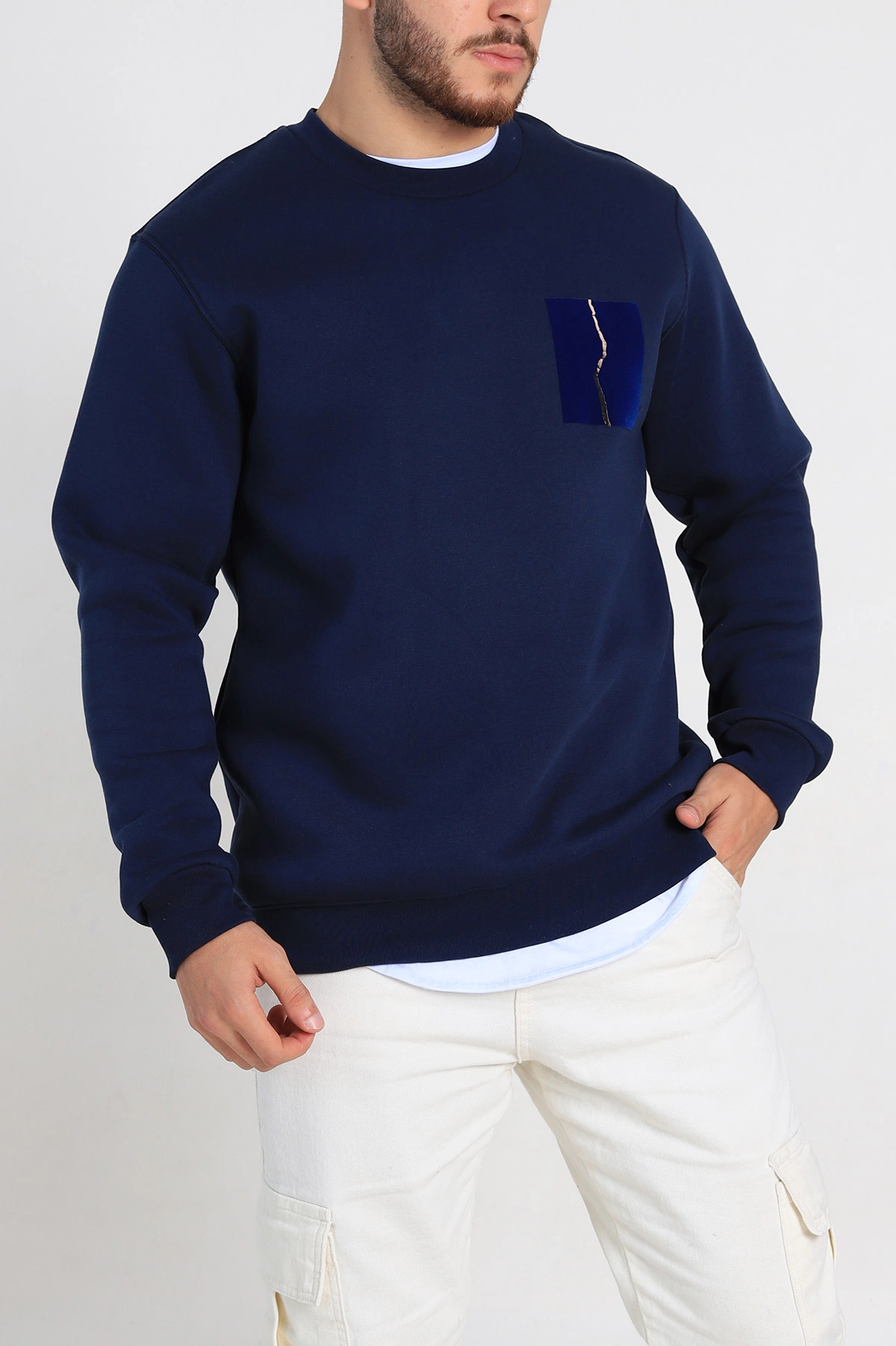 Lacivert Relaxed Üç İp Şardonlu Baskı Detaylı Erkek Sweatshirt 311191