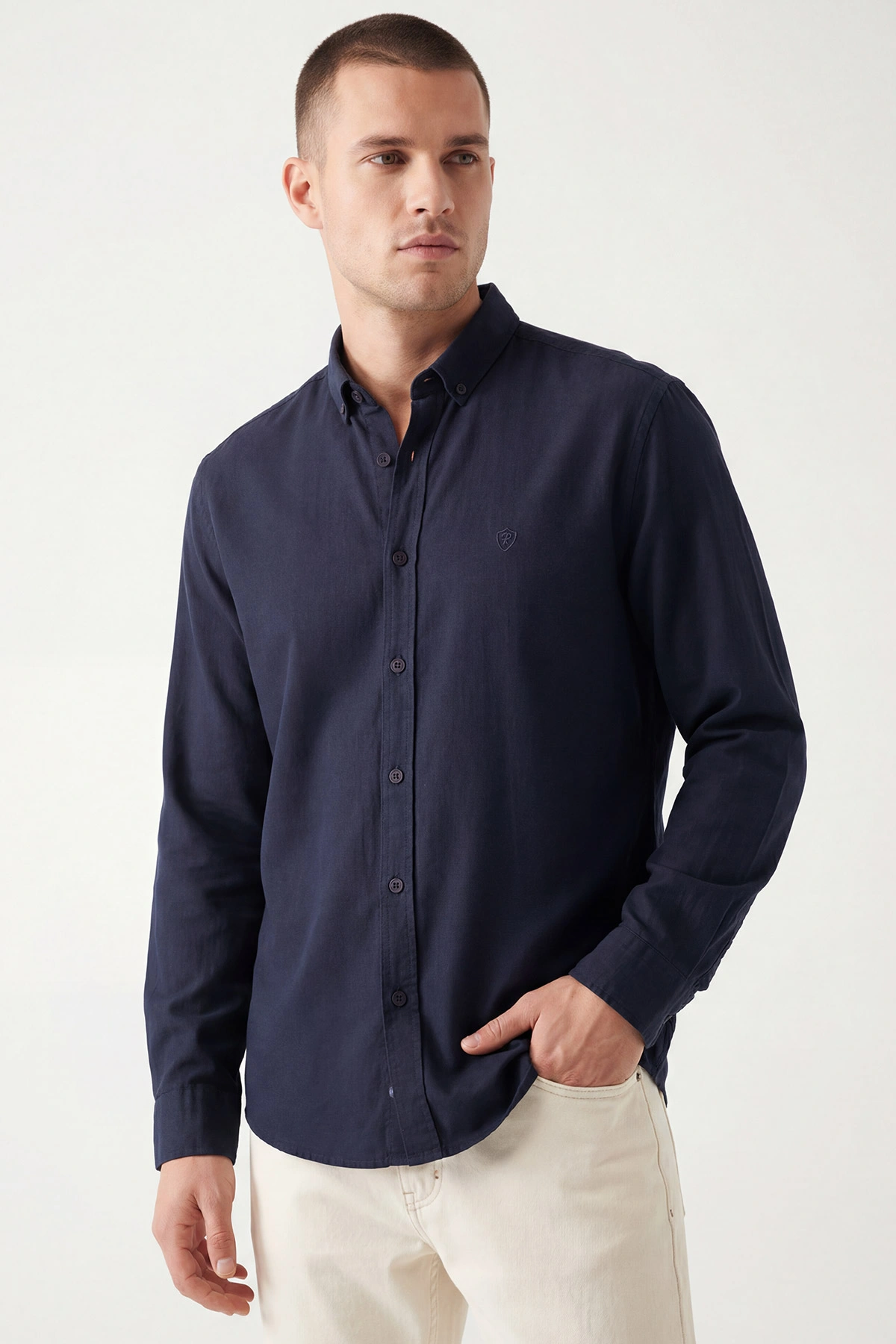 Lacivert Şambre Kumaş Relaxed Fit Erkek Gömlek 435909
