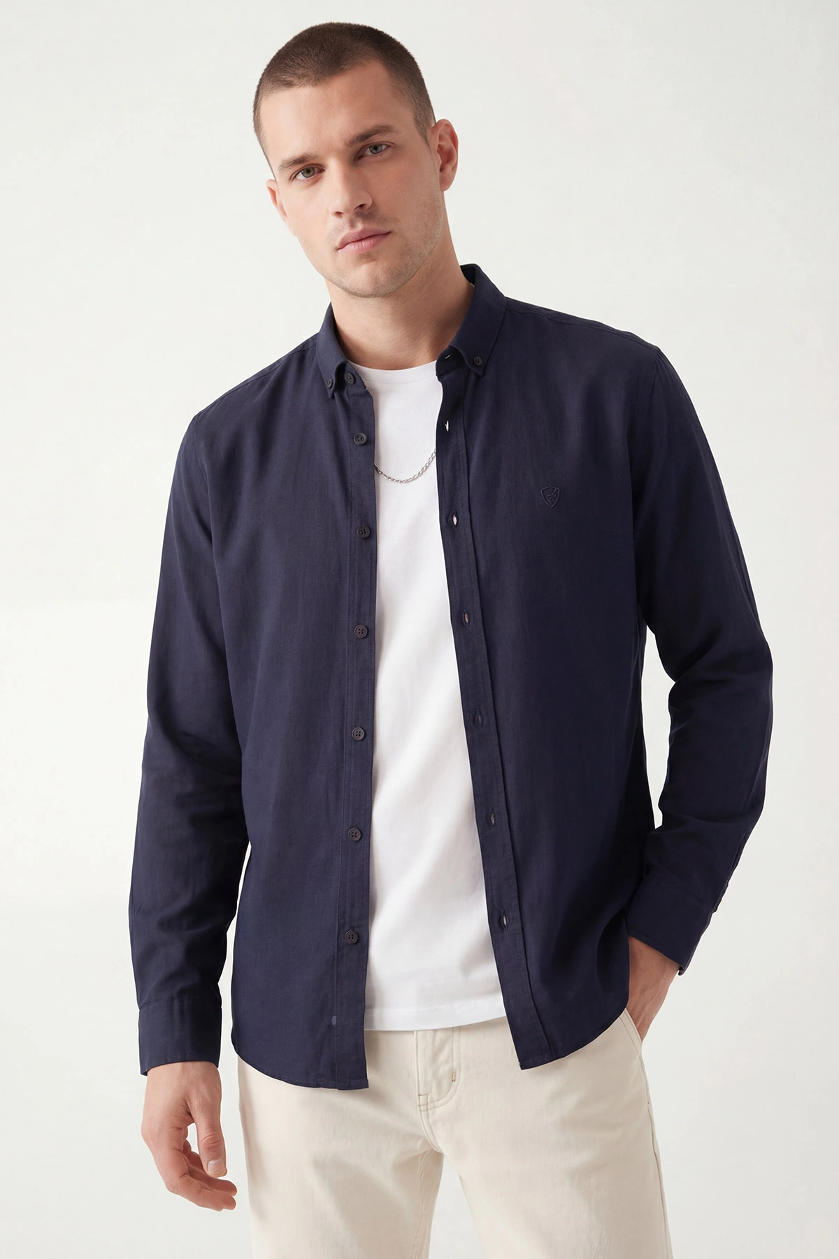 Lacivert Şambre Kumaş Relaxed Fit Erkek Gömlek 435909
