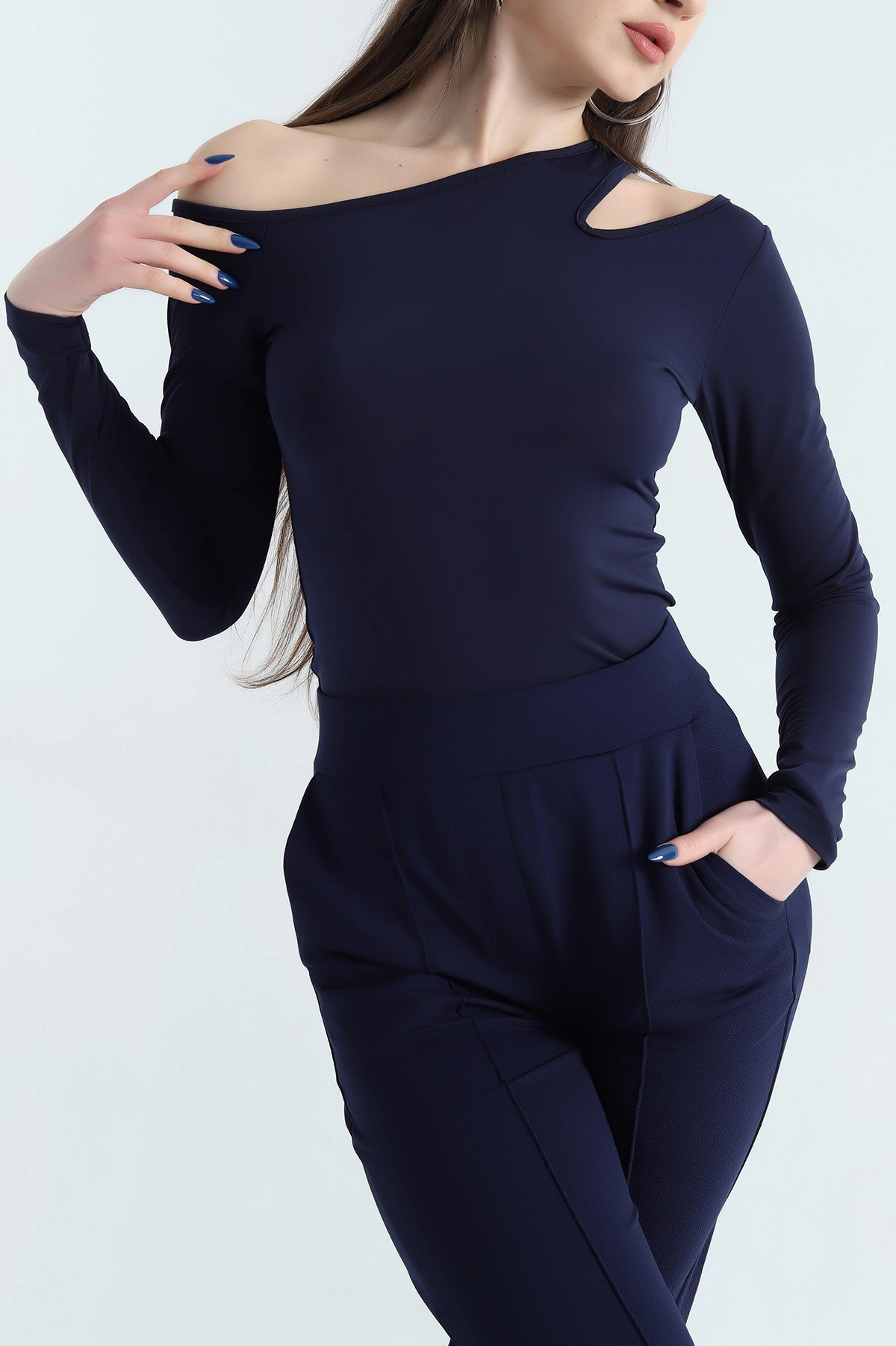 Lacivert Sandy Kumaş Damla Detay Bluz 337992