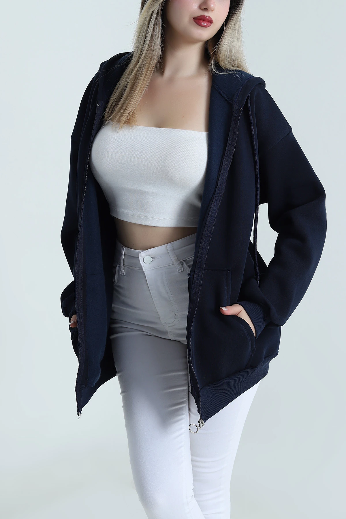 Lacivert Şardonlu Fermuarlı Kadın Sweat 489611