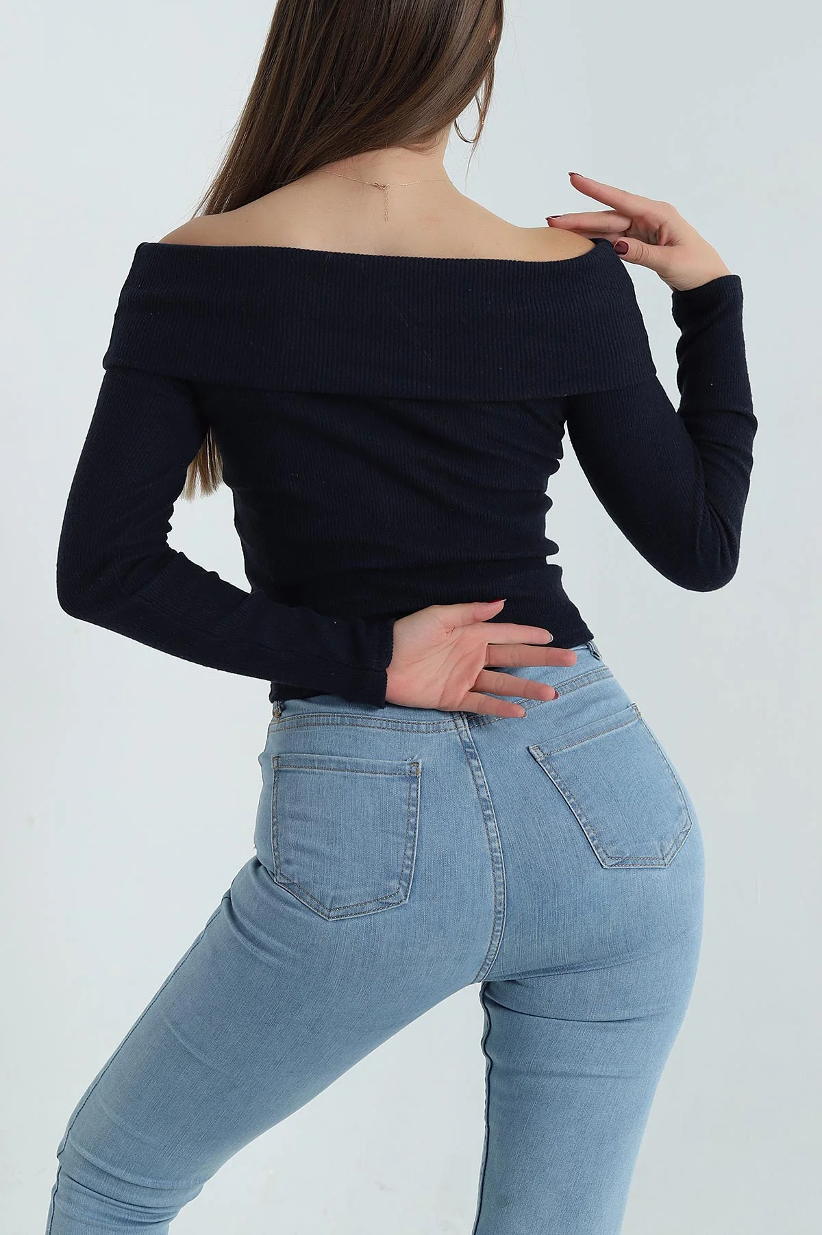 Lacivert Şardonlu Fitilli Madonna Yaka Triko Bluz 391157