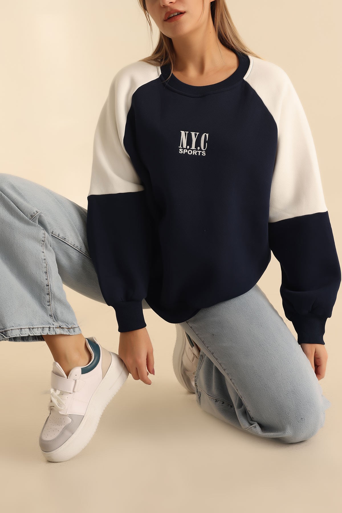 Lacivert Şardonlu Nakışlı Bayan Sweat 216631