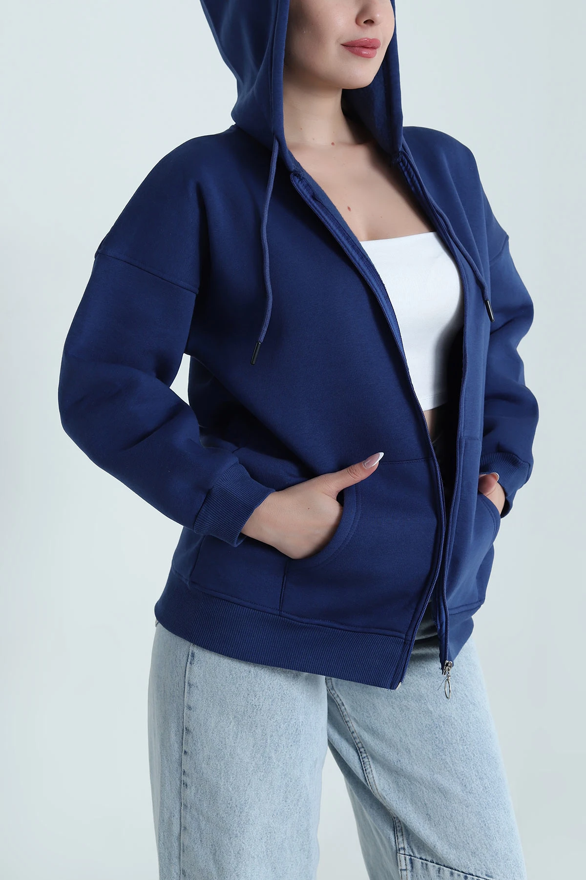 Lacivert Şardonlu Üç İp Fermuarlı Kadın Sweat 484570