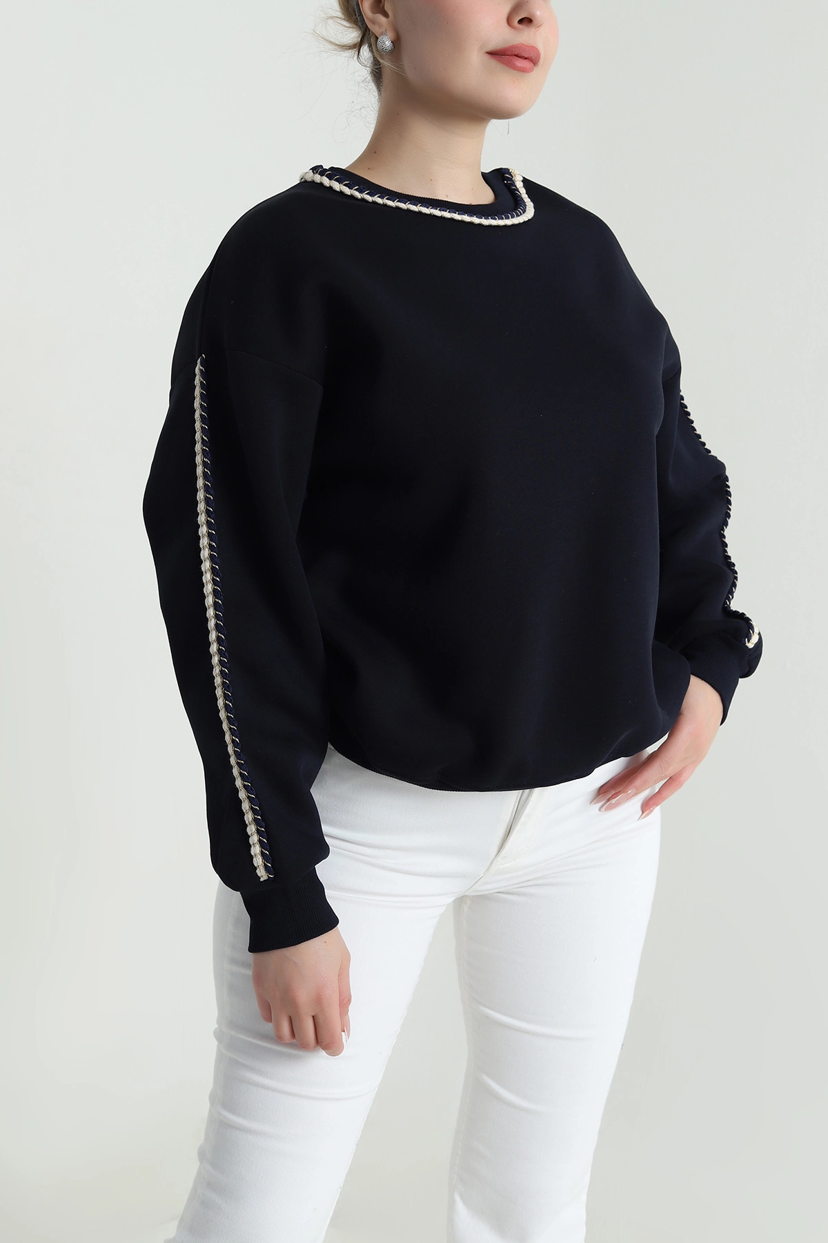 Lacivert Şardonlu Üç İp Kadın Sweat 492096