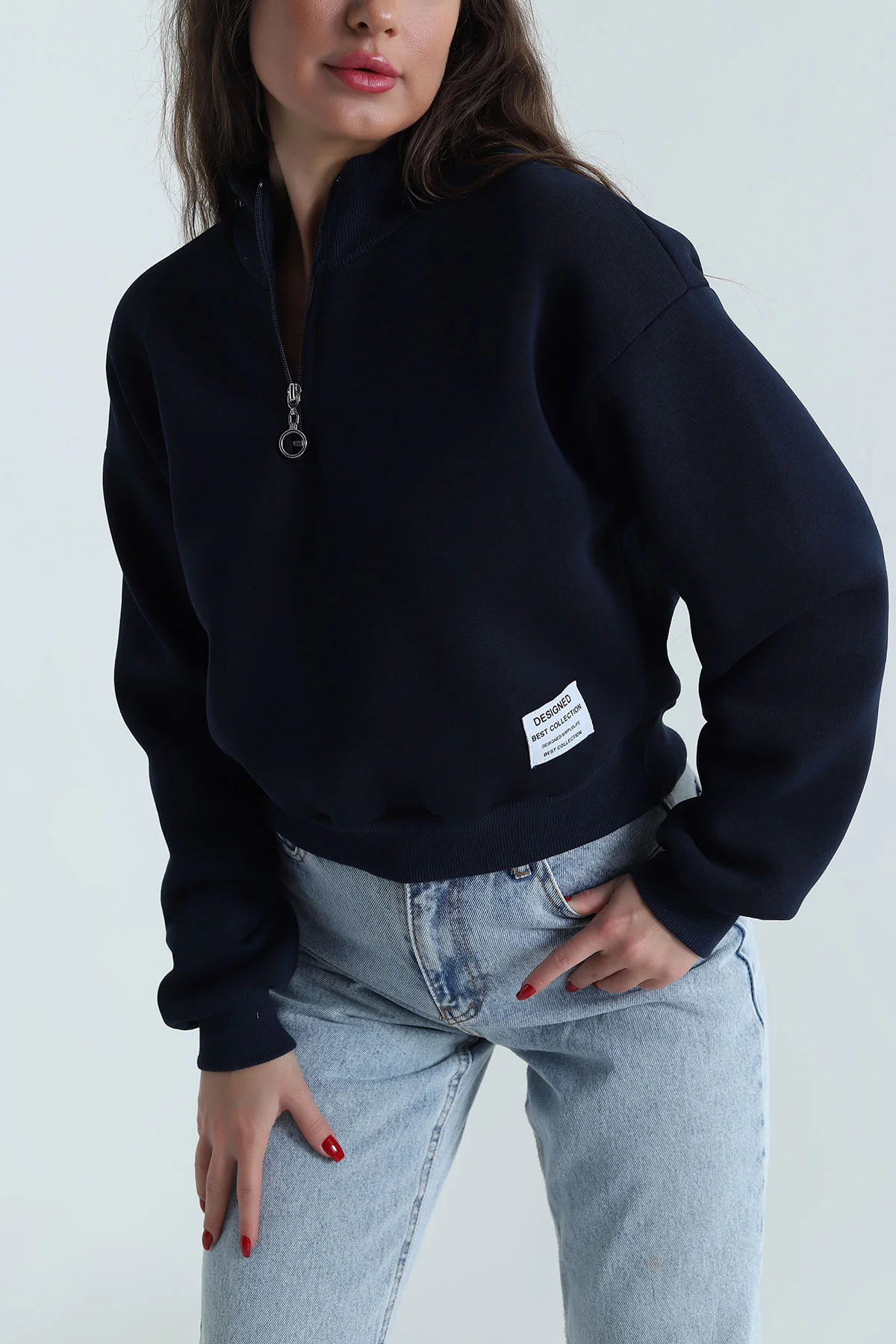 Lacivert Şardonlu Yarım Fermuarlı Kadın Sweat 489610