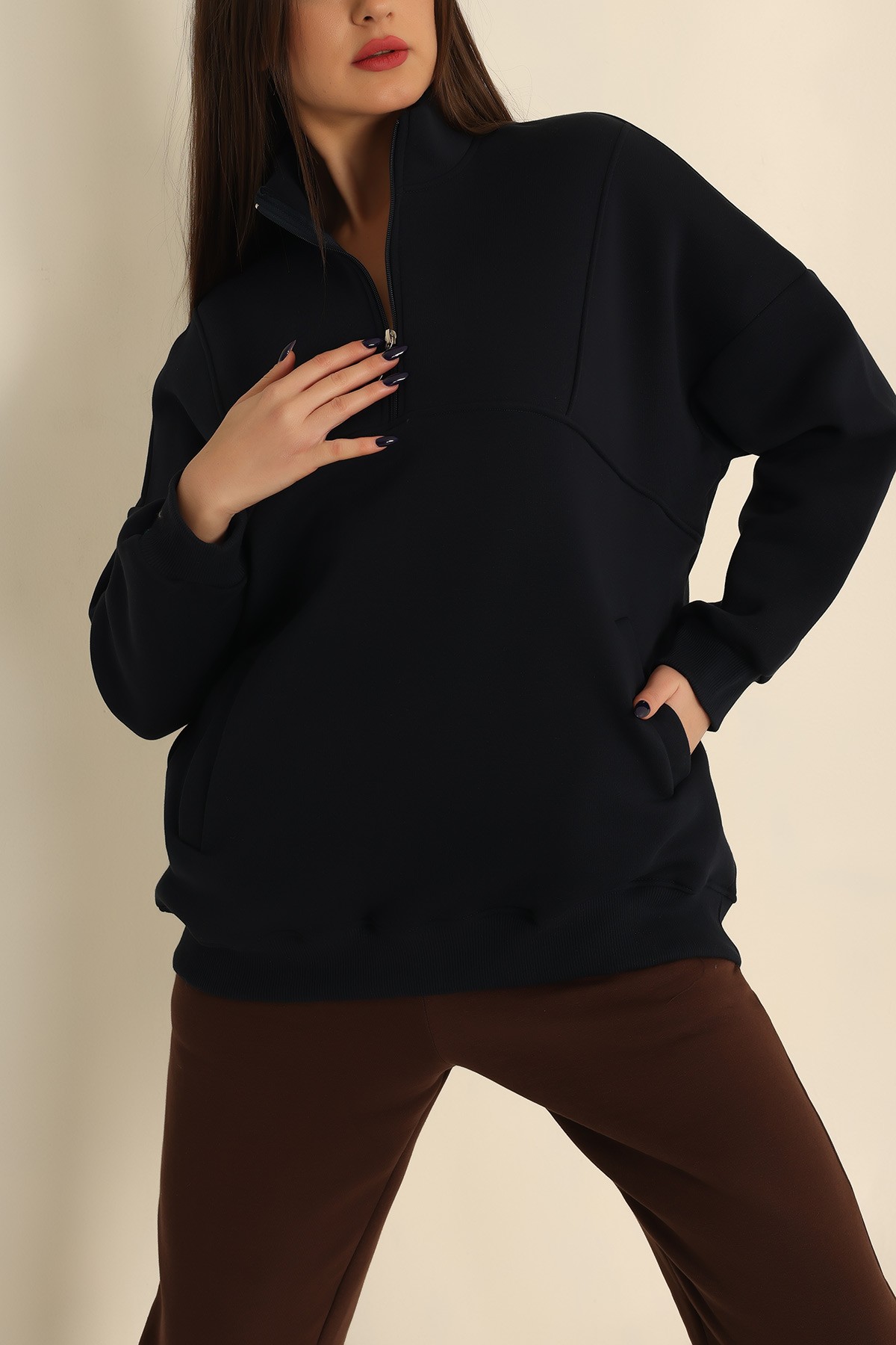 Lacivert Şardonlu Yarım Fermuarlı Sweat 222625