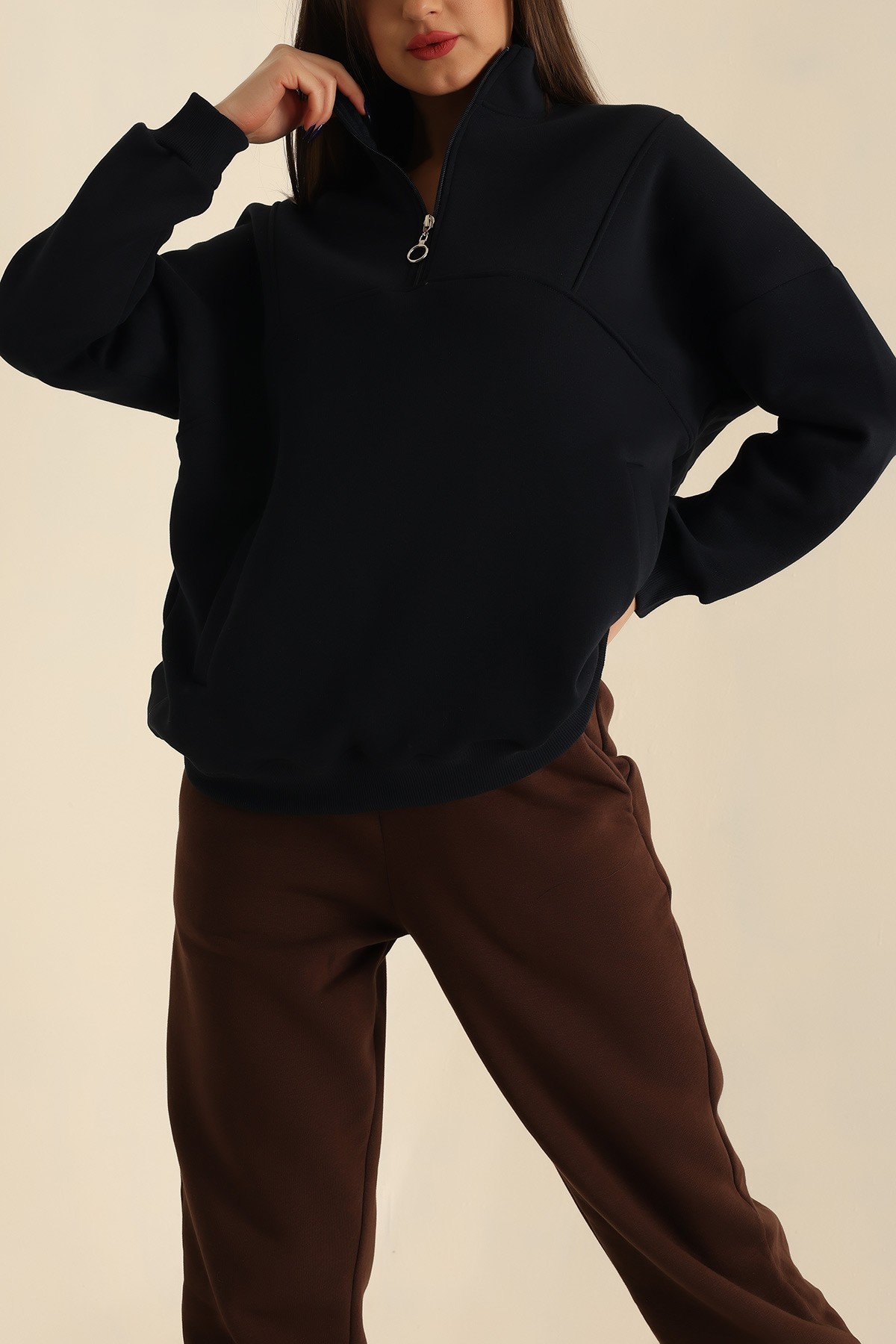 Lacivert Şardonlu Yarım Fermuarlı Sweat 222625