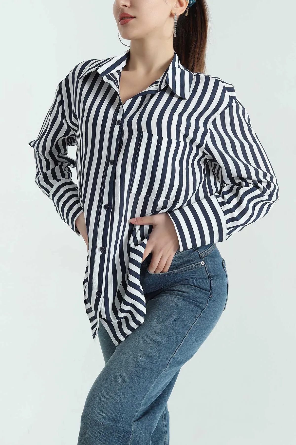 Lacivert Saten Dokuma Geçişli Oversize Gömlek 334917