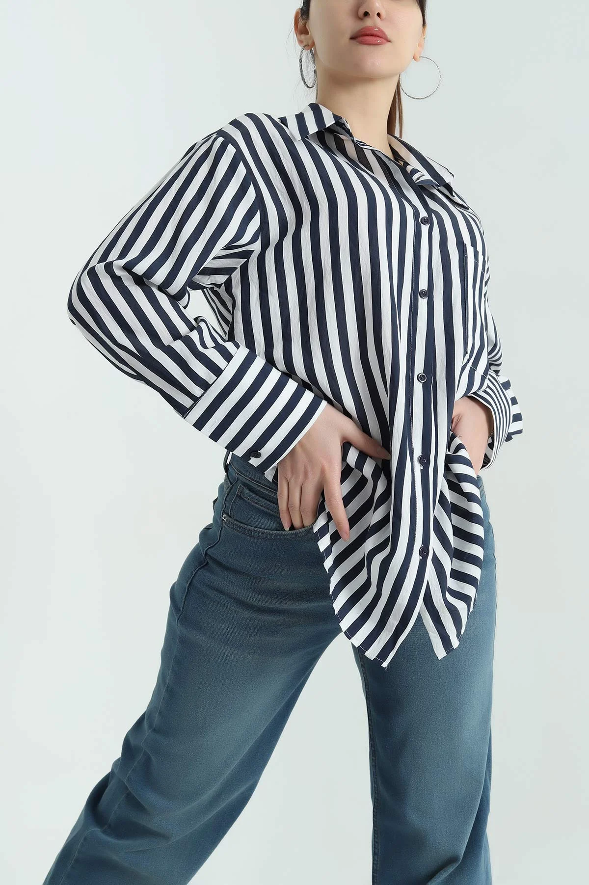 Lacivert Saten Dokuma Geçişli Oversize Gömlek 334917