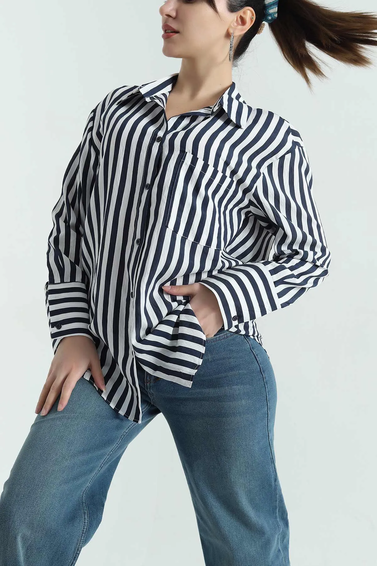 Lacivert Saten Dokuma Geçişli Oversize Gömlek 334917