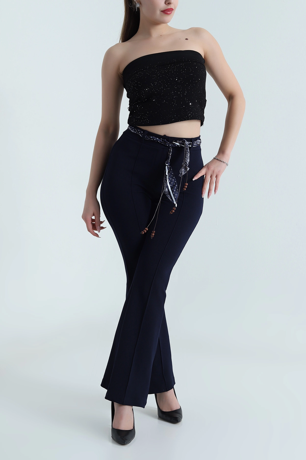 Lacivert Saten Kemer Detay Örme Jakarlı İspanyol Kadın Pantolon 489847