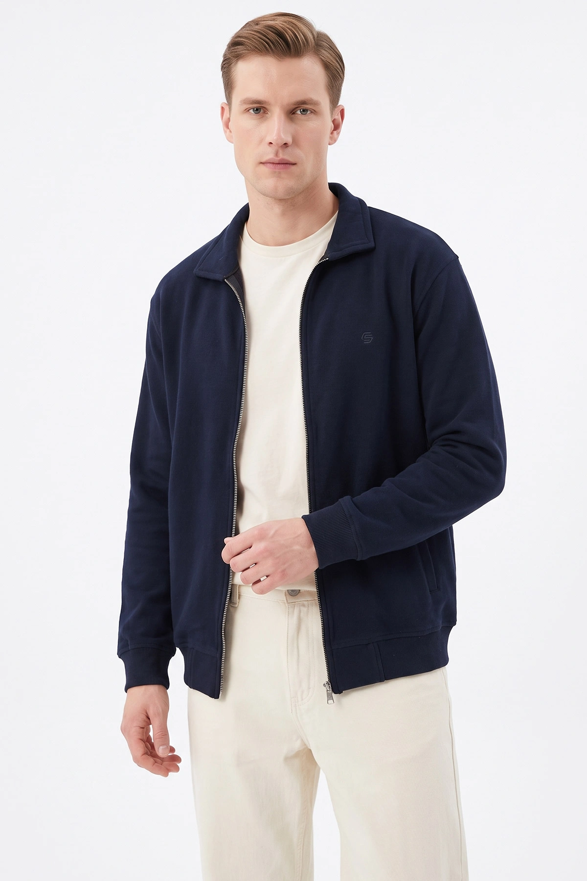 Lacivert Selanik Polo Yaka Fermuarlı Erkek Hırka 494533