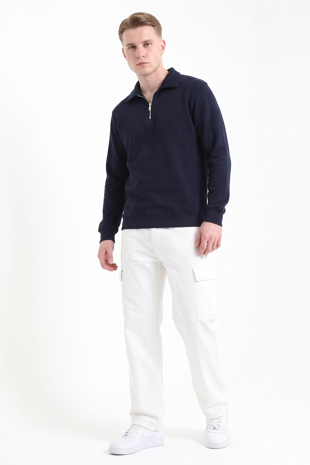 Lacivert Selanik Yarım Fermuarlı Polo Yaka Erkek Sweatshirt 494485