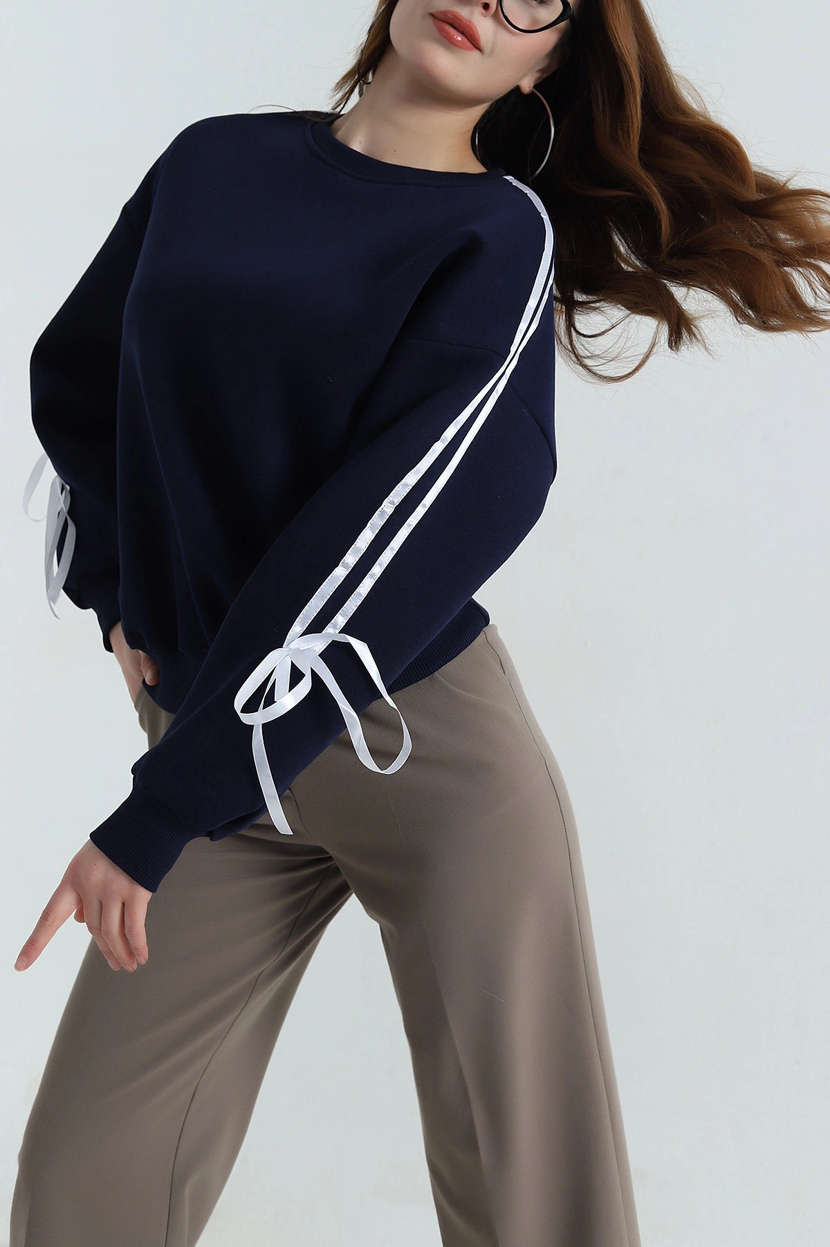 Lacivert Şerit Detay Şardonlu Üç İp Kadın Sweat 413799