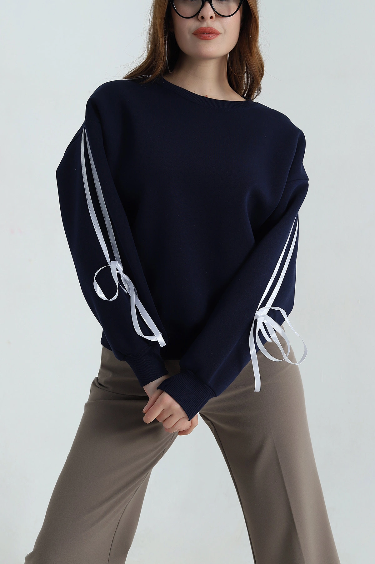 Lacivert Şerit Detay Şardonlu Üç İp Kadın Sweat 413799