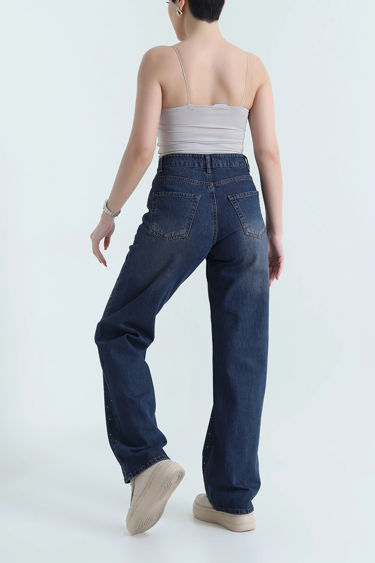 Lacivert Serpme Taş Palazzo Kadın Kot Pantolon 438417