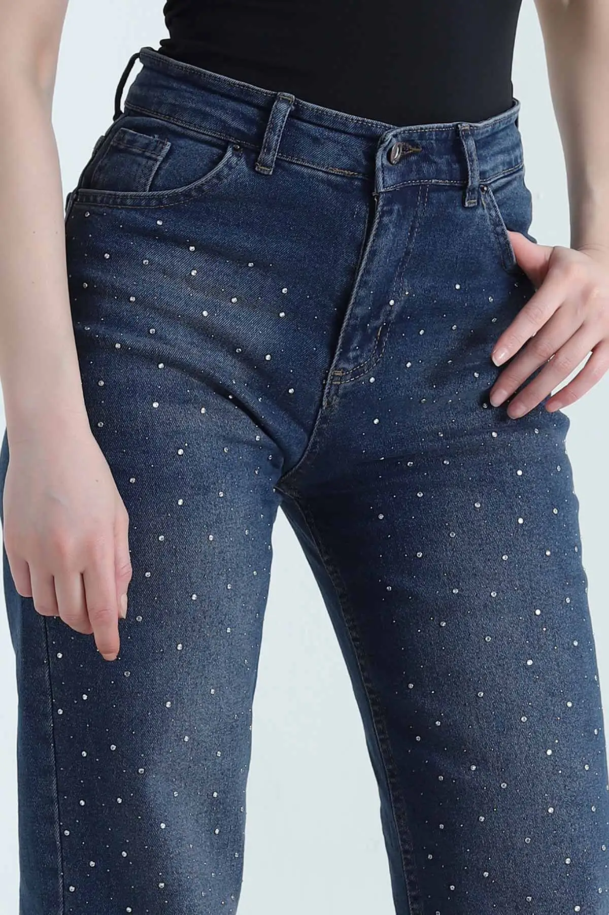 Lacivert Serpme Taşlı Lazer Paça Kadın Kot Pantolon 445670