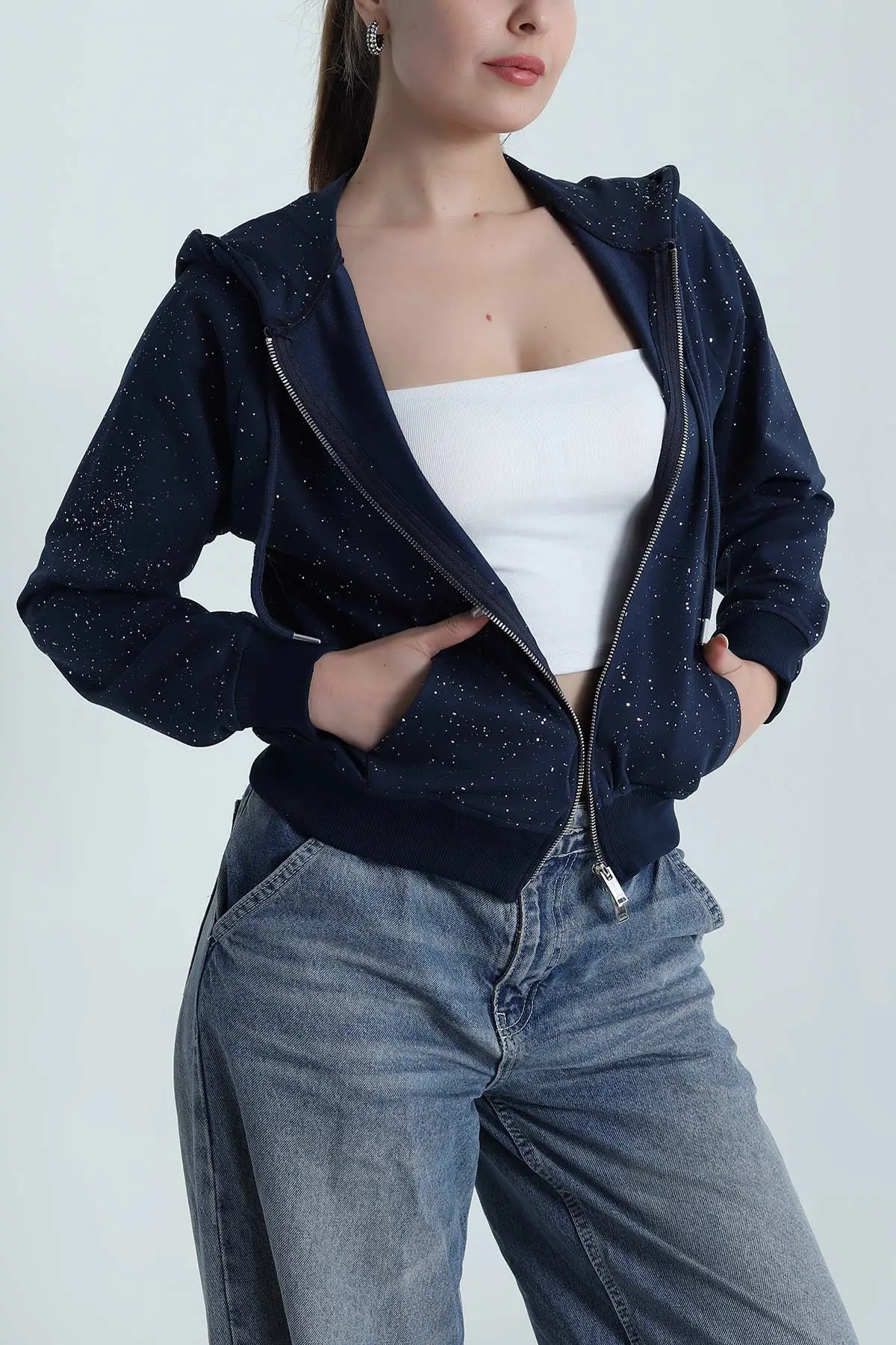 Lacivert Sİmli İki İp Kadın Fermuarlı Sweat 488570