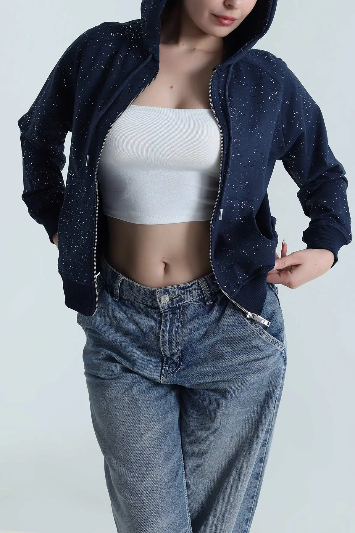 Lacivert Sİmli İki İp Kadın Fermuarlı Sweat 488570