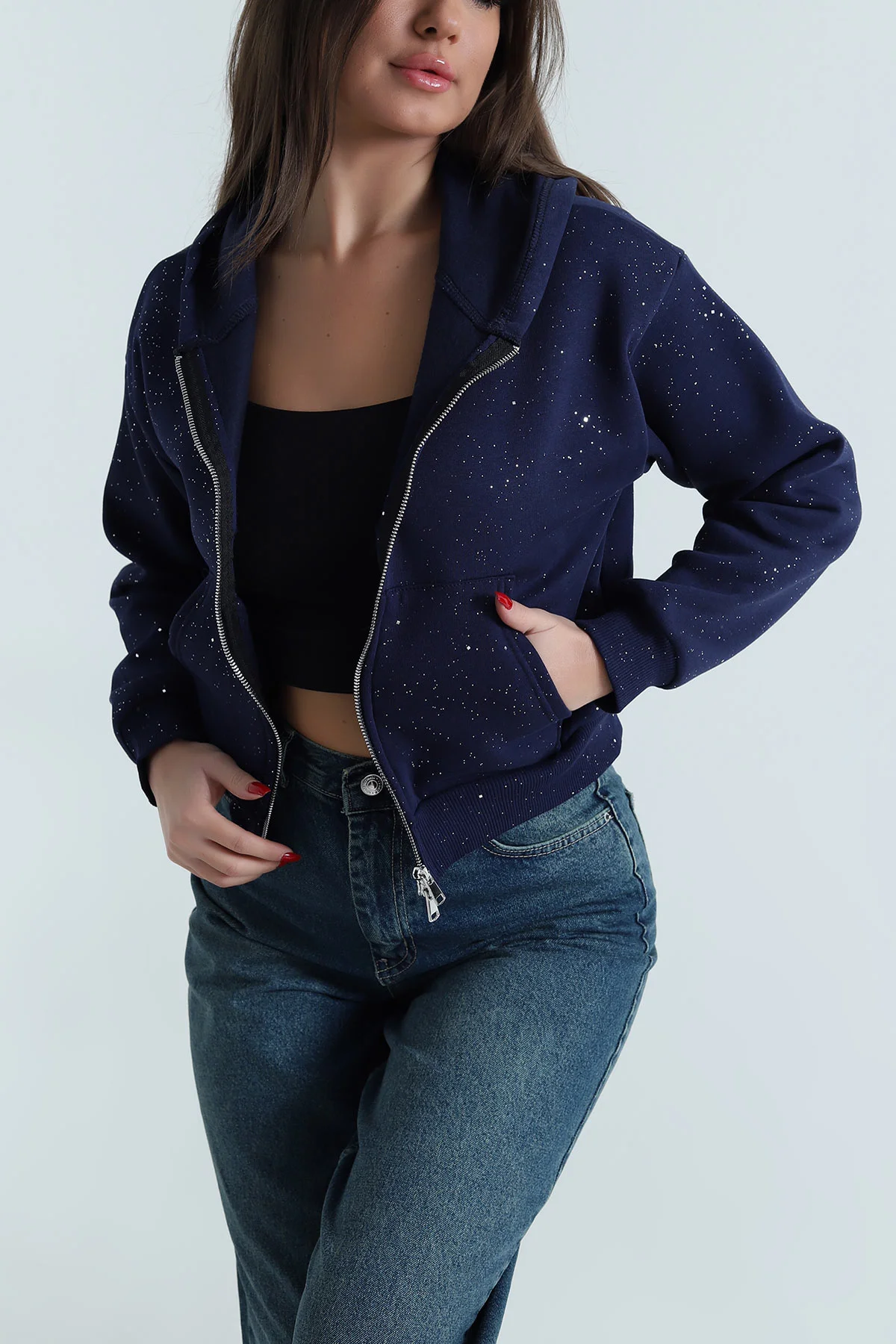 Lacivert Simli Kadın Fermuarlı Sweat 495073