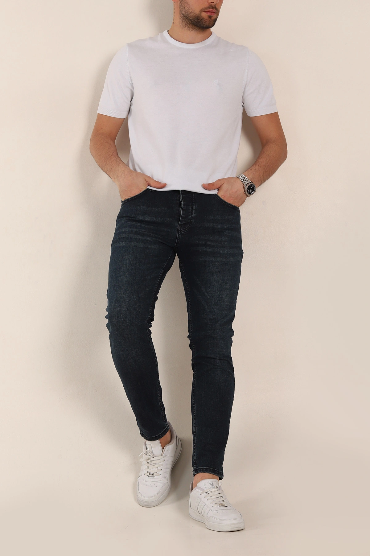 Lacivert Skinny Fit Yıkamalı Taşlama Detaylı Erkek Kot Pantolon 354416