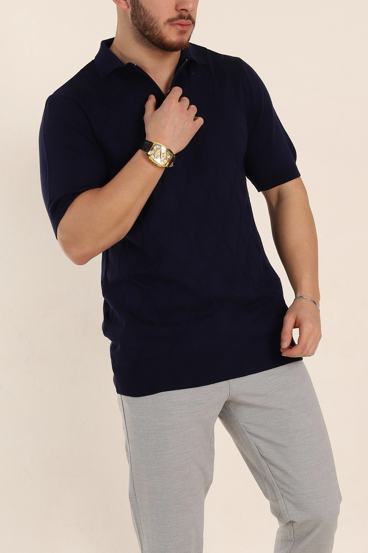 Lacivert Slim Fit Baklava Desenli Polo Yaka Kısa Kollu Erkek Triko Tişört 338902