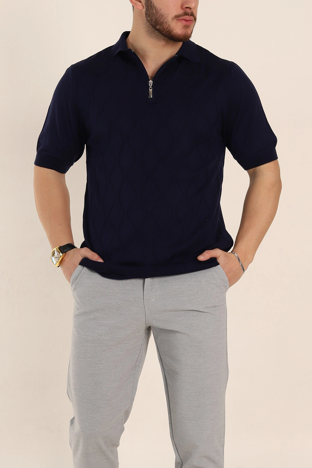 Lacivert Slim Fit Baklava Desenli Polo Yaka Kısa Kollu Erkek Triko Tişört 338902