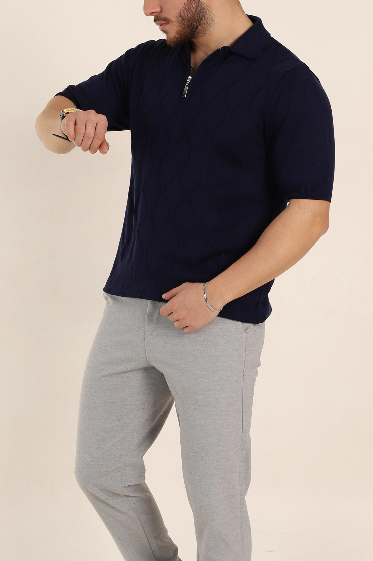 Lacivert Slim Fit Baklava Desenli Polo Yaka Kısa Kollu Erkek Triko Tişört 338902