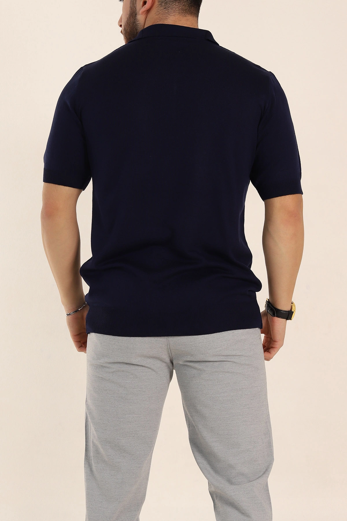 Lacivert Slim Fit Baklava Desenli Polo Yaka Kısa Kollu Erkek Triko Tişört 338902