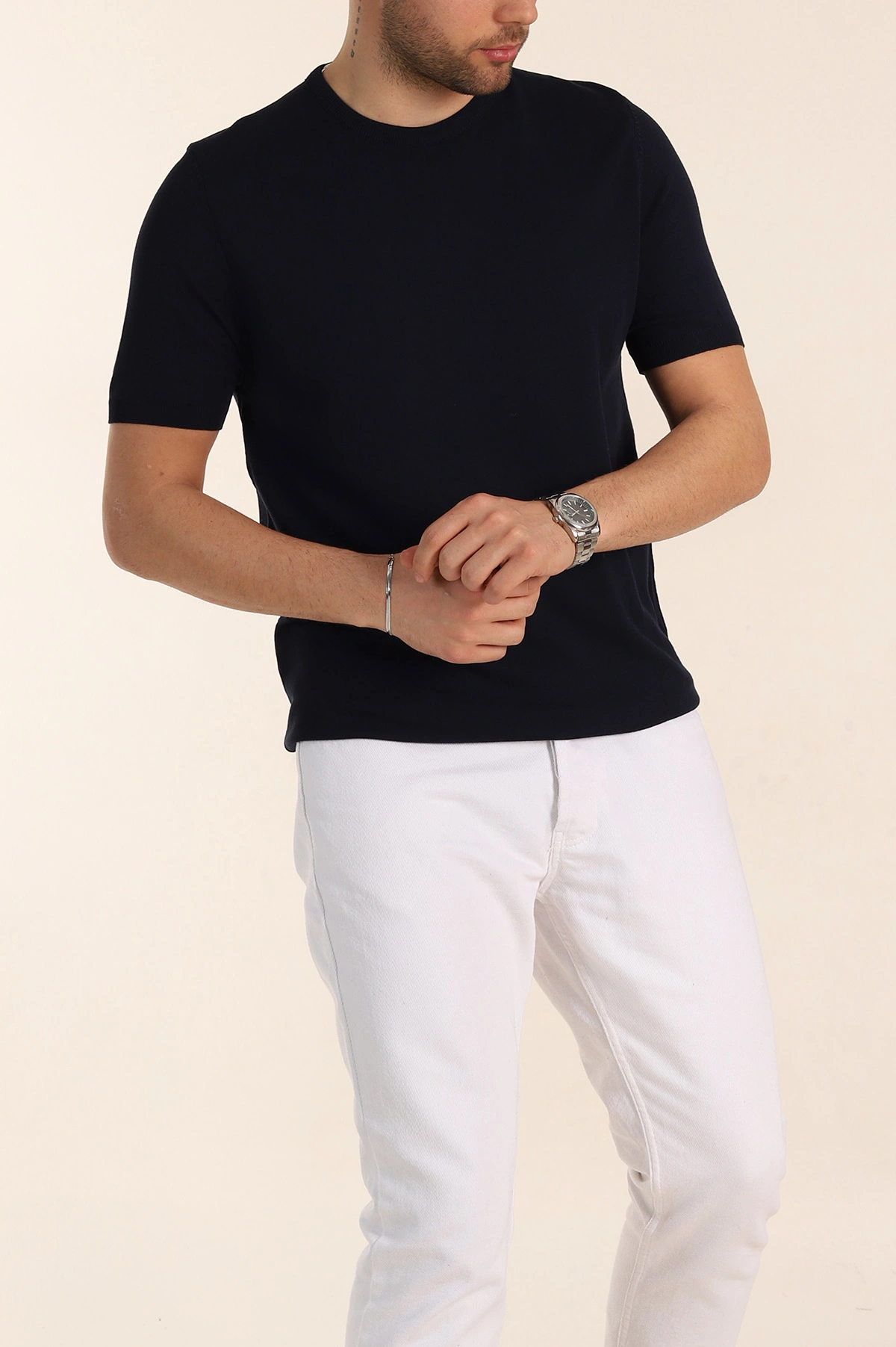 Lacivert Slim Fit Basic Kısa Kollu Triko Tişört 338595