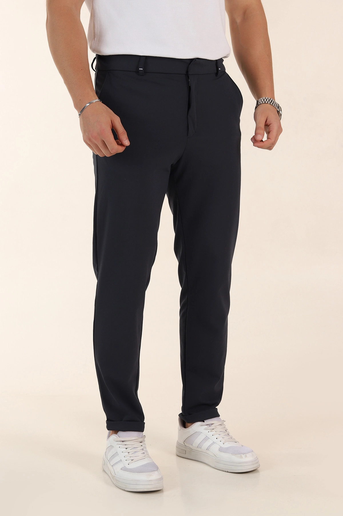 Lacivert Slim Fit Bel Arkası Lastikli Duble Paça Erkek Yazlık Kumaş Pantolon 365846