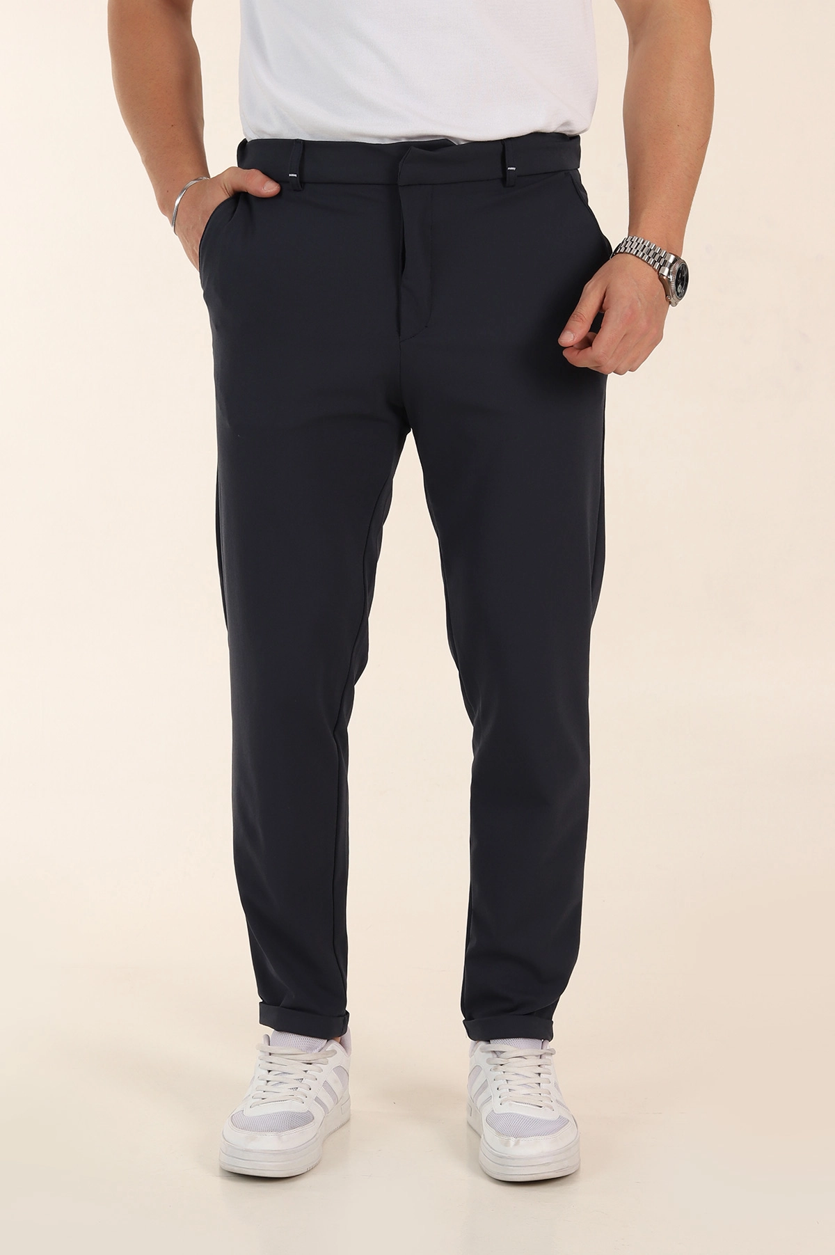 Lacivert Slim Fit Bel Arkası Lastikli Duble Paça Erkek Yazlık Kumaş Pantolon 365846