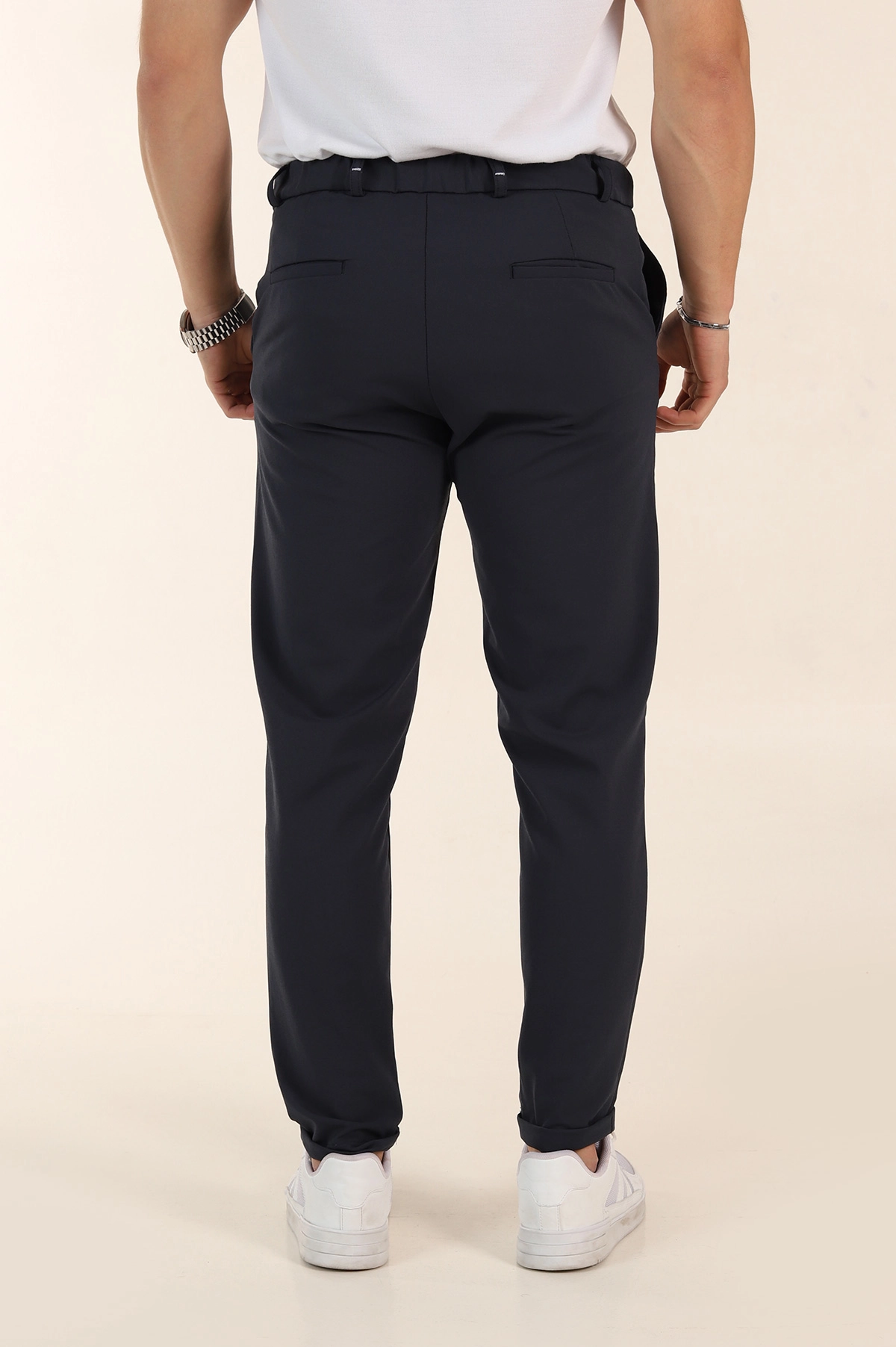 Lacivert Slim Fit Bel Arkası Lastikli Duble Paça Erkek Yazlık Kumaş Pantolon 365846