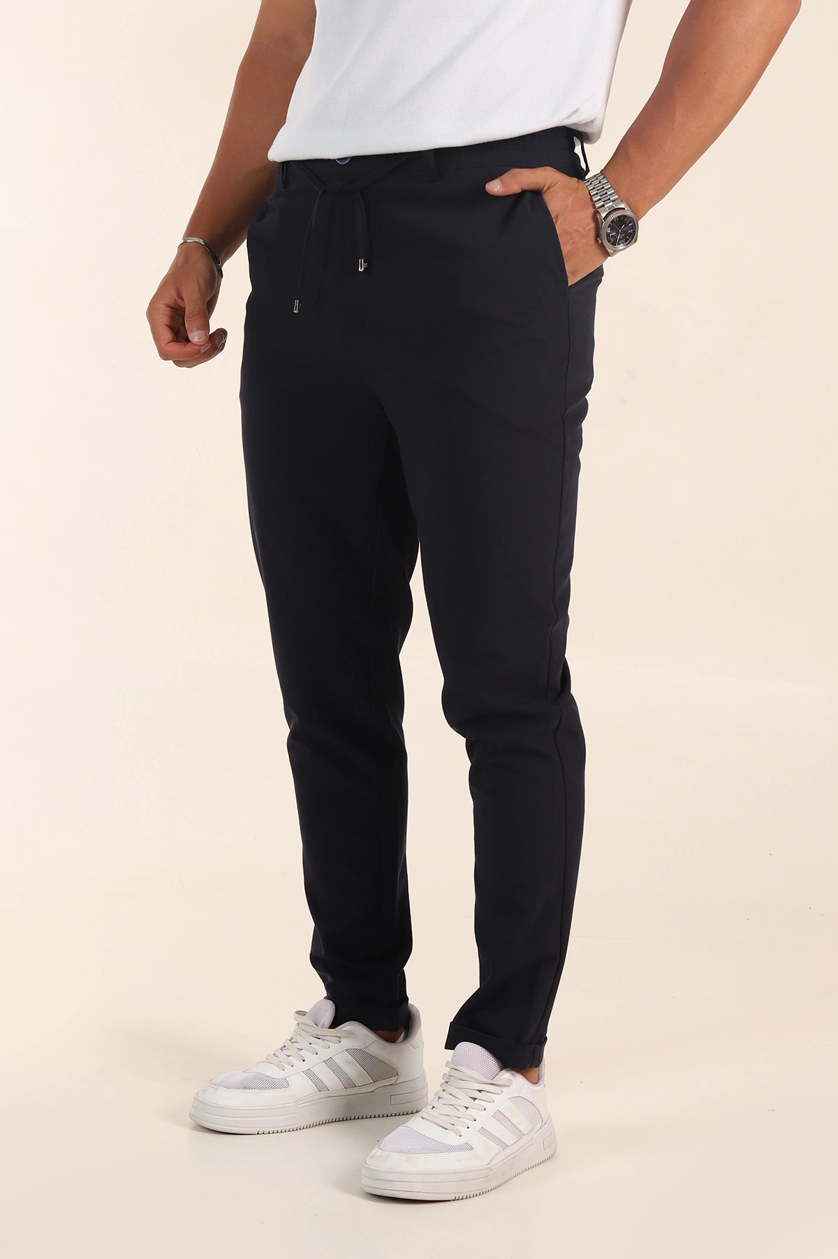 Lacivert Slim Fit Bel Lastikli Duble Paça Erkek Jogger Pantolon 380948