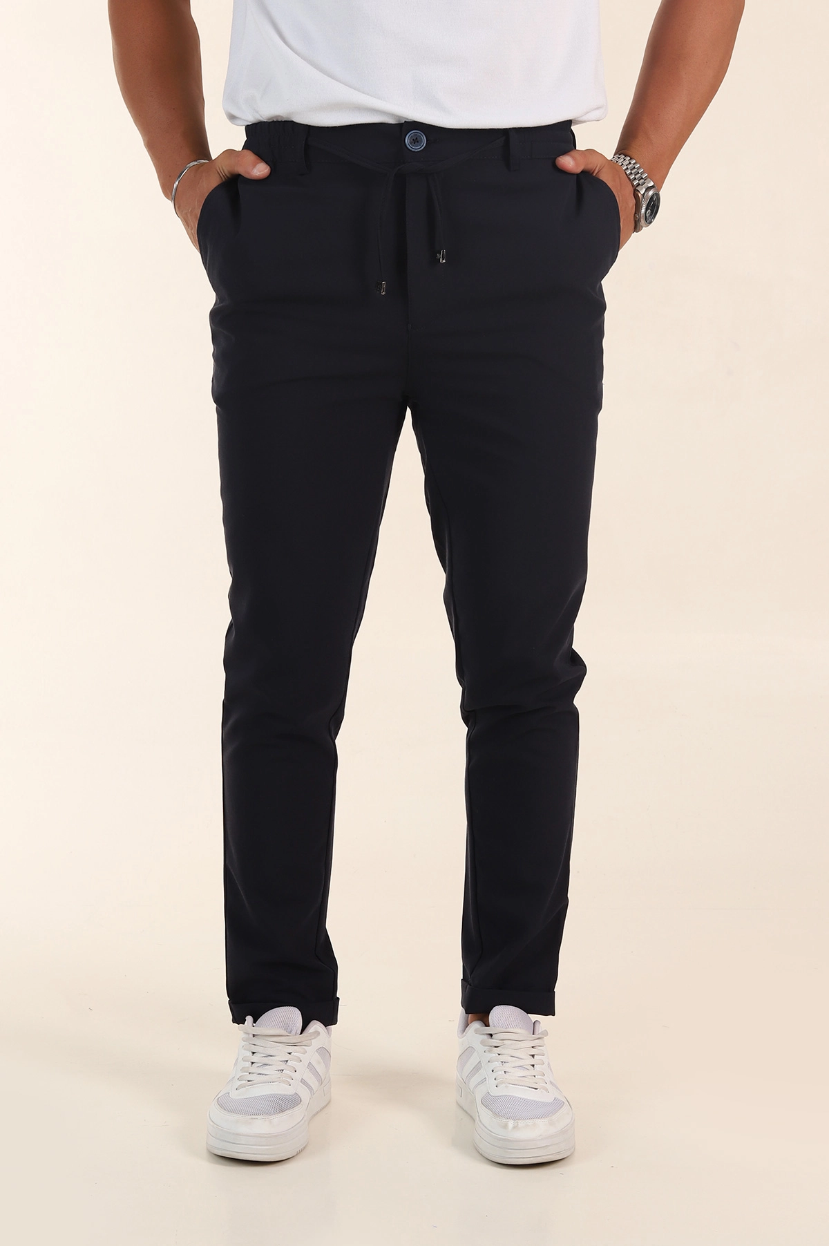 Lacivert Slim Fit Bel Lastikli Duble Paça Erkek Jogger Pantolon 380948