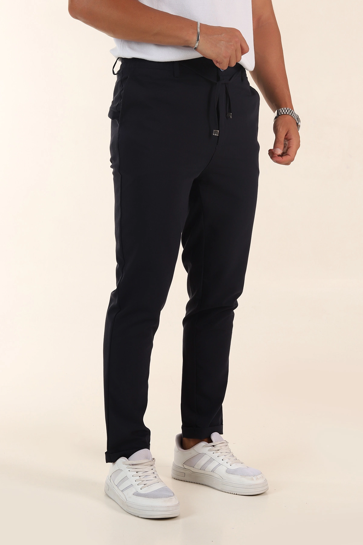 Lacivert Slim Fit Bel Lastikli Duble Paça Erkek Jogger Pantolon 380948
