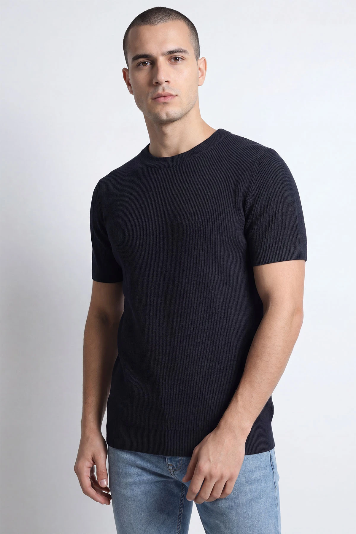 Lacivert Slim Fit Bisiklet Yaka Triko Erkek Tişört 449043