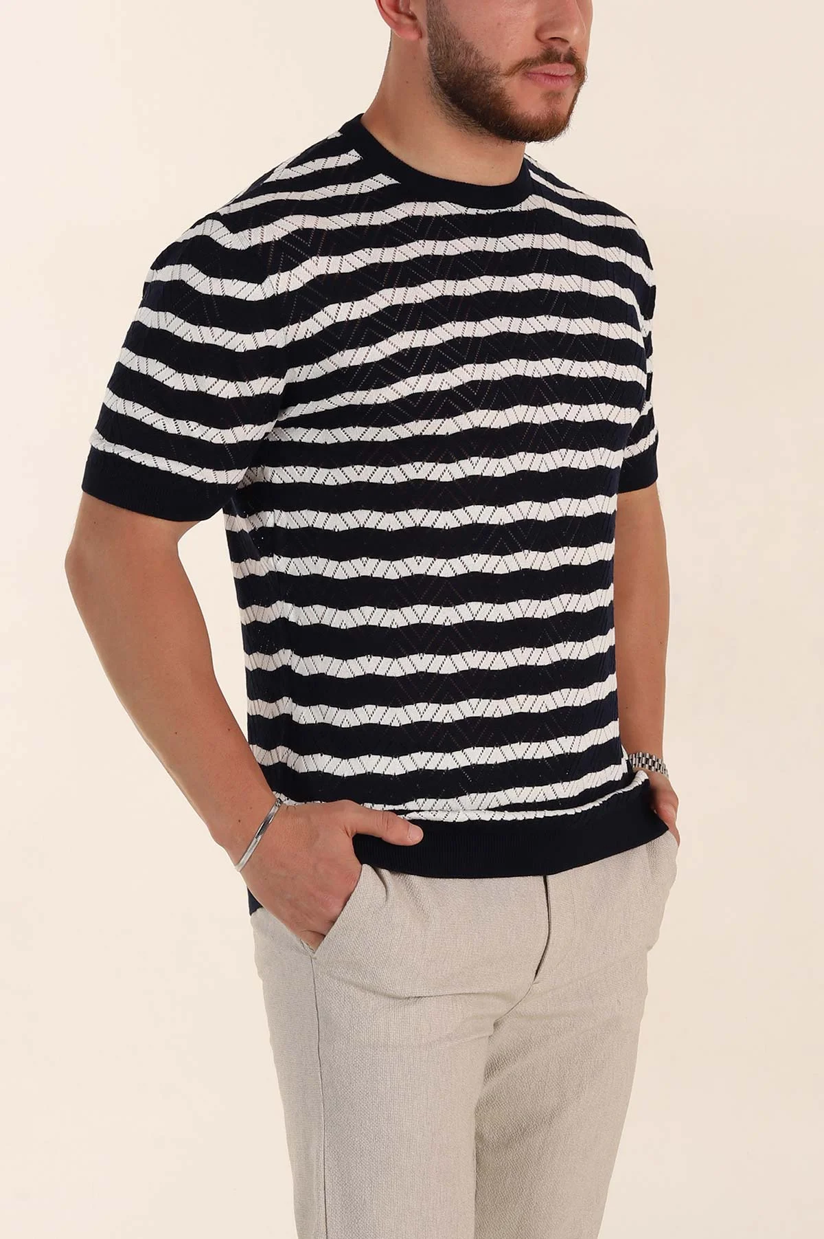 Lacivert Slim Fit Çizgili Bisiklet Yaka Erkek Triko Tişört 358311