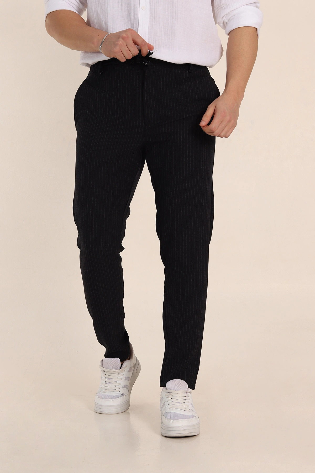 Lacivert Slim Fit Çizgili Gofre Kumaş Erkek Pantolon 351863