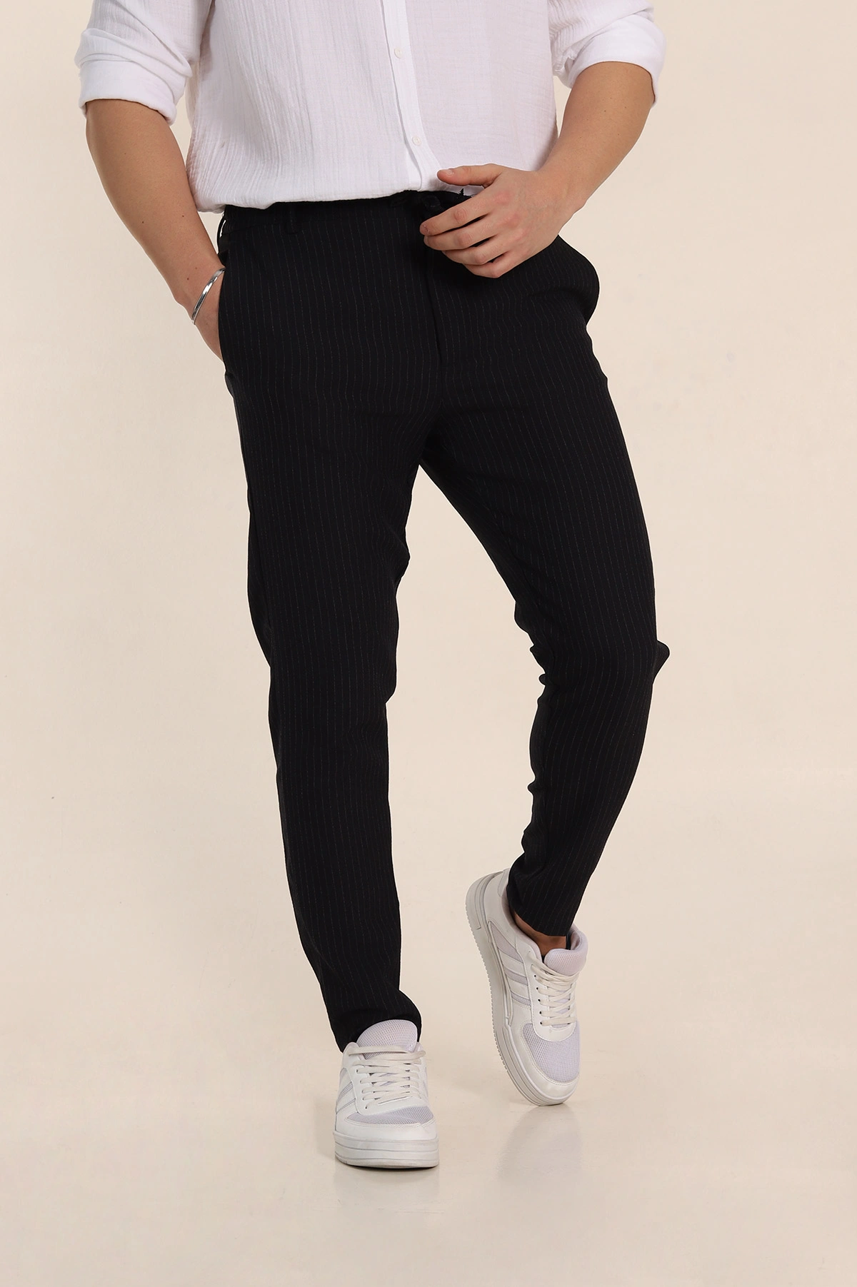 Lacivert Slim Fit Çizgili Gofre Kumaş Erkek Pantolon 351863