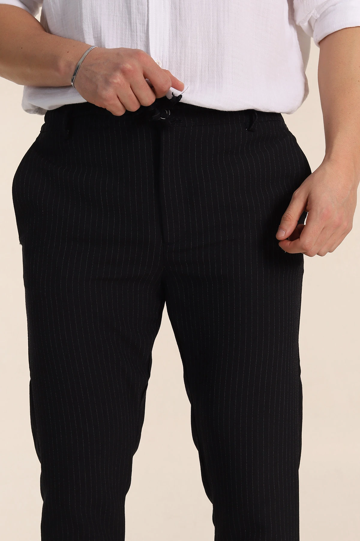 Lacivert Slim Fit Çizgili Gofre Kumaş Erkek Pantolon 351863